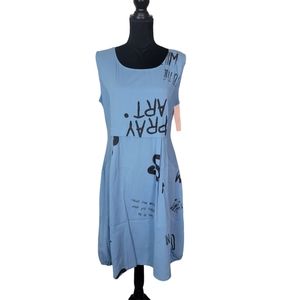 DRESS‎ Parachute Letter Print Blue Sleeveless Dress Round Neck 100% Cotton
